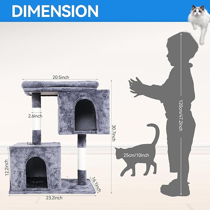 33 inches Small Cat Tree for Indoor Cats, Multi-Level Cat Trees with Scratching Posts, Padded Plush Perch, Large Condos & Playhouse for Kittens/Adult Cats