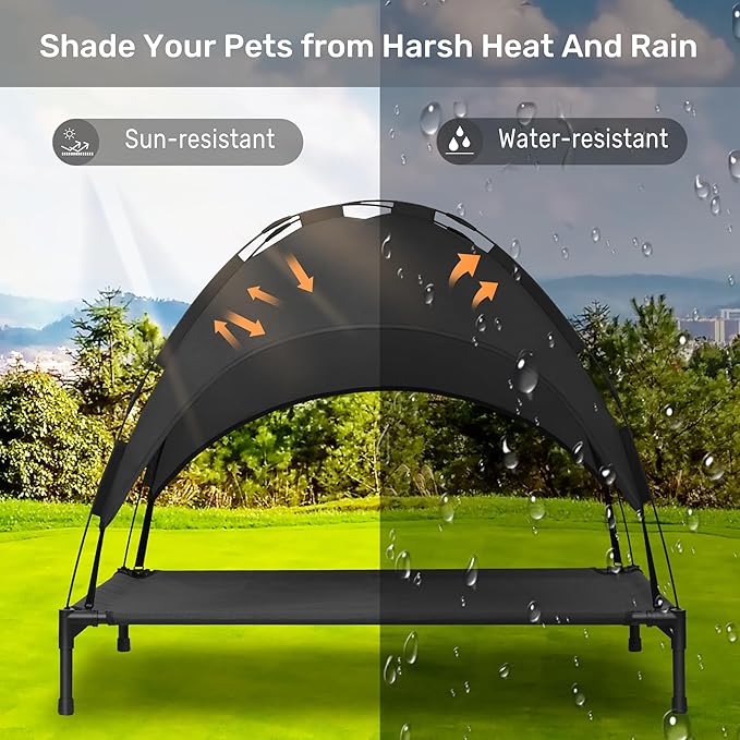 Heeyoo Elevated Dog Bed with Canopy, Portable Dog Cot with Removable Shade Tent, Outdoor Raised Pet Cot Cooling Bed for Dogs