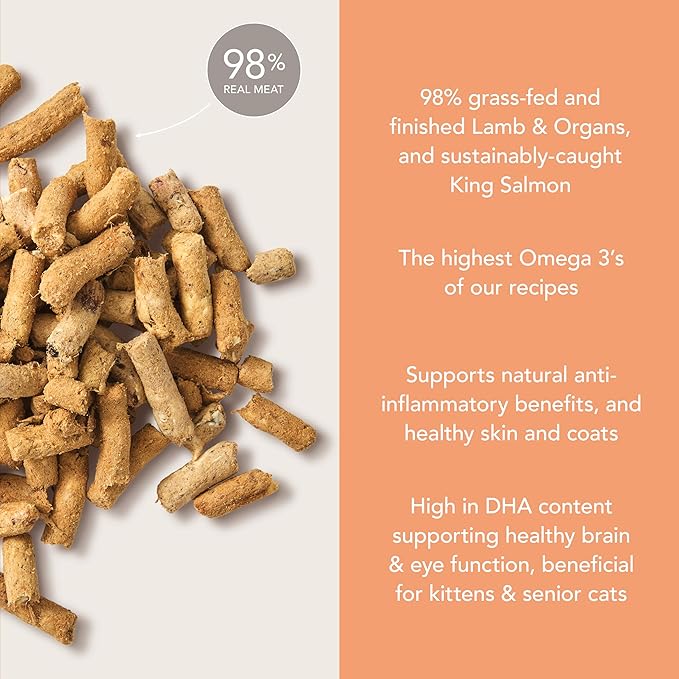 Feline Natural High Protein Dry Cat Food, Freeze-Dried Diet with 98% Meat, Organs & Seafood, No Peas, Grains, or Artificial Additives, Made in New Zealand, Lamb & King Salmon, 11oz