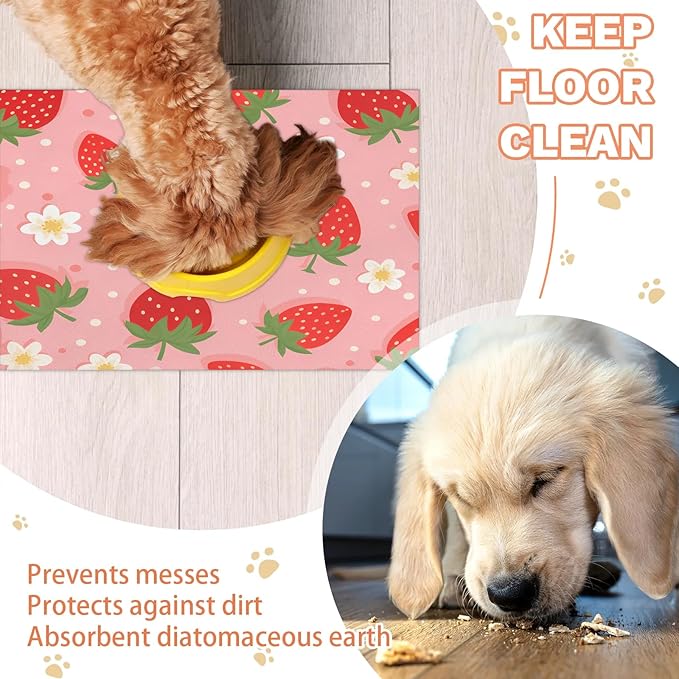 Red Strawberry Dog Food Mat for Floors Absorbent Dog Bowl Mat for Food and Water Dispenser Quick Dry Cat Food Placemat Pet Supplies 17" x 30", Flower