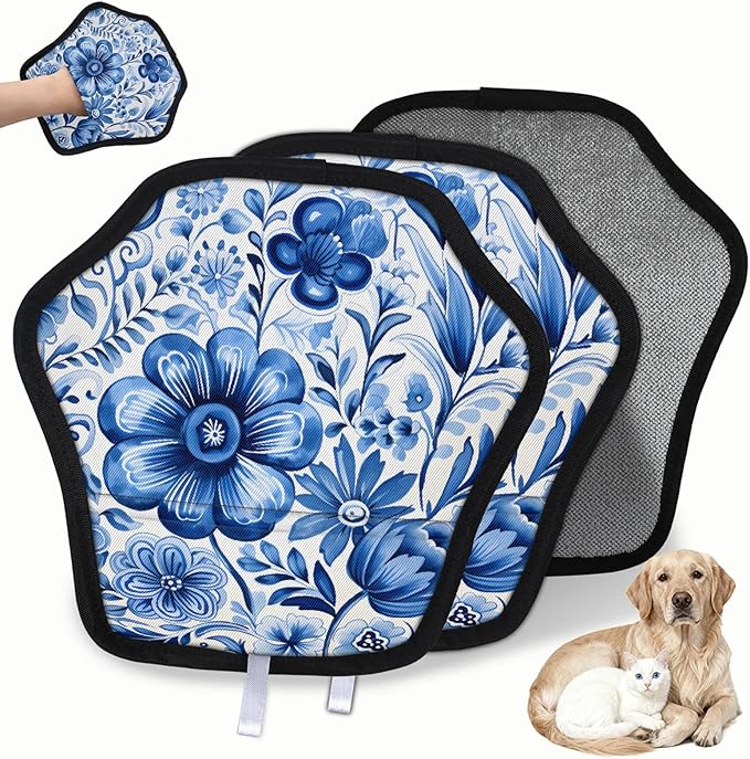Reusable Pet Hair Removal Glove Blue Flowers Magic Brush for Cat & Dog Hair Remover for Car, Sofa, Bedding, Clothes - 9x9 Mitt Washable