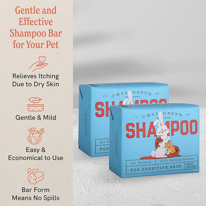JR Liggett’s Natural Small Animal Shampoo Bar for Sensitive Skin - 100% Detergent Free, Non-GMO & Biodegradable - Tear-Free, Hypoallergenic Formula Soothes Dry Itchy Skin - 3.5 oz Bar
