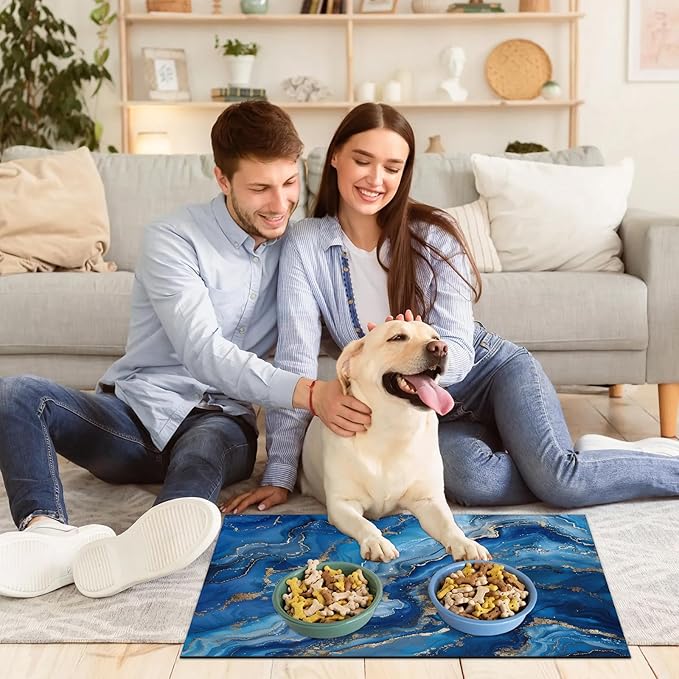 Blue Marble Dog Food Mat for Floors Absorbent, Quick Dry Water Dispenser Mat for Food, Water, Pet Supplies 24" x 32", Modern Abstract