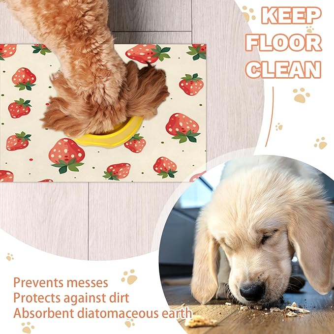 Strawberry Fruit Dog Food Mat for Floors Absorbent Dog Bowl Mat for Food and Water Dispenser Quick Dry Cat Food Placemat Pet Supplies 24" x 32", Polka Dots