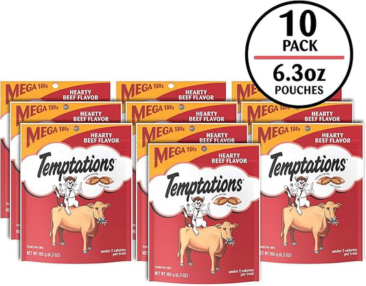 Temptations Classic Soft Cat Treats, Hearty Beef Flavor, Crunchy Cat Treats, 6.3 oz. Pouch (Pack of 10)