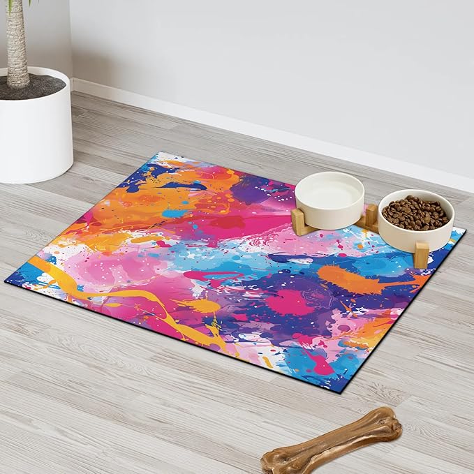 Colorful Graffiti Dog Food Mat for Floors Absorbent Dog Bowl Mat for Food and Water Dispenser Quick Dry Cat Food Placemat Pet Supplies 17" x 30", Funny Cool