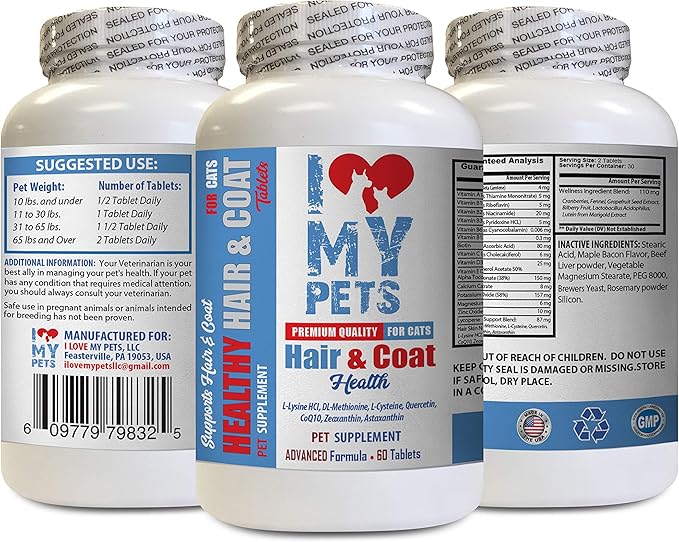 I LOVE MY PETS LLC cat Dry Skin - CAT Hair and Coat Health - Healthy Skin - Premium Quality Treats - Vitamins for Cats Senior Cats - 1 Bottle (60 Tablets)