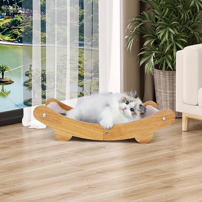 Sisal Cat Scratcher Bed Shaped U, for Indoor Cats, Hammock for Scratching Pad, Large Cat Lounge, Wooden Furniture Protector