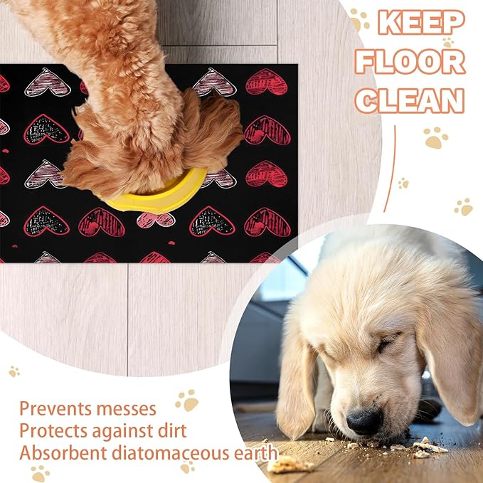 Valentine's Day Dog Food Mat for Floors Absorbent, Quick Dry Water Dispenser Mat for Food, Water, Pet Supplies 16" x 24", Black Red Love