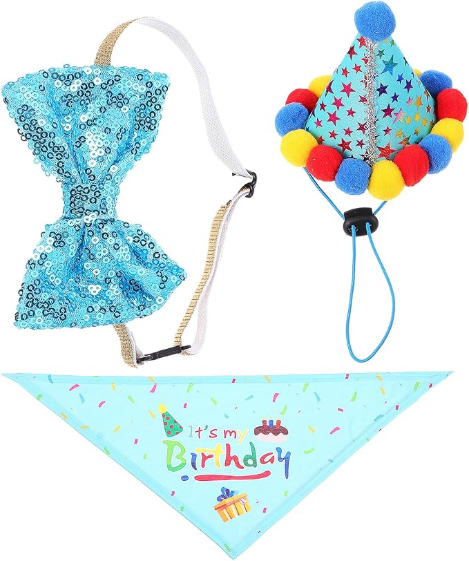 Cabilock Dog Birthday Bandana Scarf Set with Blue Hat, Lightweight Cotton Fabric, Adjustable Size for Pet Birthday Party Supplies and Dog Celebration Accessories