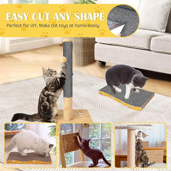 Self-Adhesive Cat Scratch Mat Trimmable Cat Scratching Post Carpet 79in Durable Carpet Mat Pad Replacement for Cat Tree Shelves Post Couch, Furniture, Walls & Doors DIY Cat Climbing Mat (Light Gray)