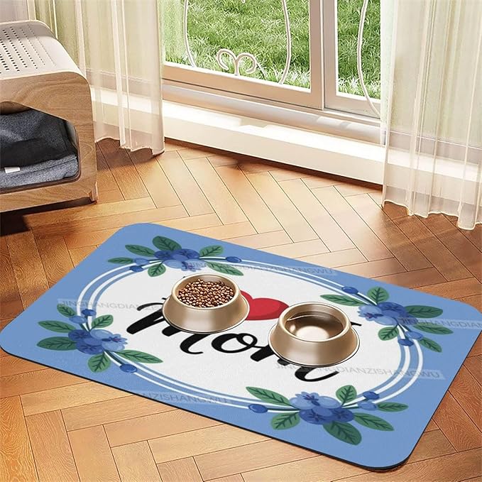 Non Slip Mat for Dog Pet Cat Dog Food Mats Happy Mother's Day Floral Gift for Mom Blueberry Water Bowl Mat Quick Dry Absorbent Cat Feeding Mats 24x16In