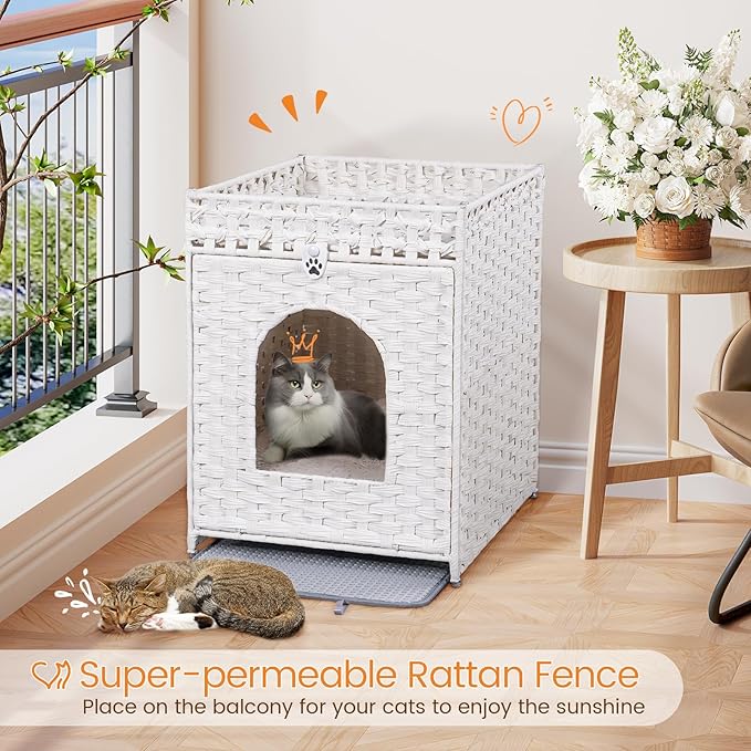 Snughome Cat Litter Box Enclosure Furniture Hidden with Litter Mat, Hidden Washroom Furniture with Door, Handwoven Rattan Cat Washroom Box, Indoor Pet House for Living Room, Bedroom(White)