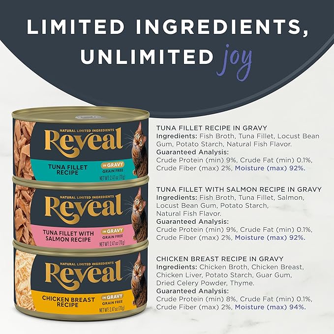 Reveal Natural Wet Canned Cat Food, Limited and Natural Ingredients, Grain Free, High Protein with No Artificial Additives, Fish and Chicken Variety in Gravy, (12 x 2.47 oz Cans)