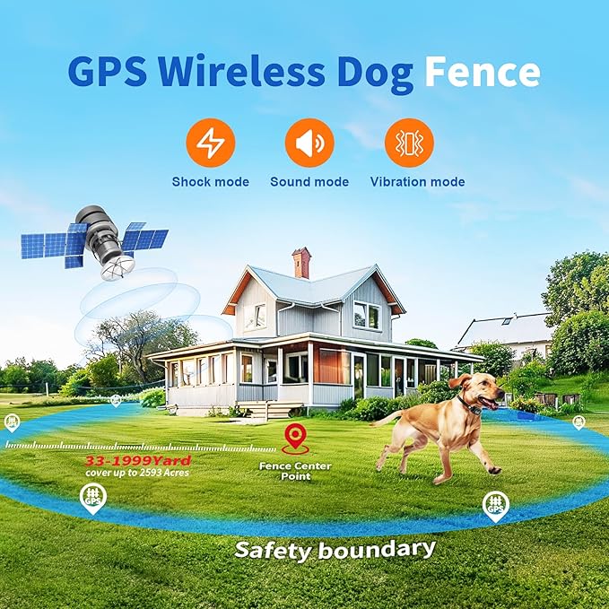 GPS Wireless Dog Fence System, Electric Fence for Dogs, Adjustable Range 99-5997ft, IPX7 Waterproof, Wireless Fence for Dogs, Pet Containment System for Outdoor Use
