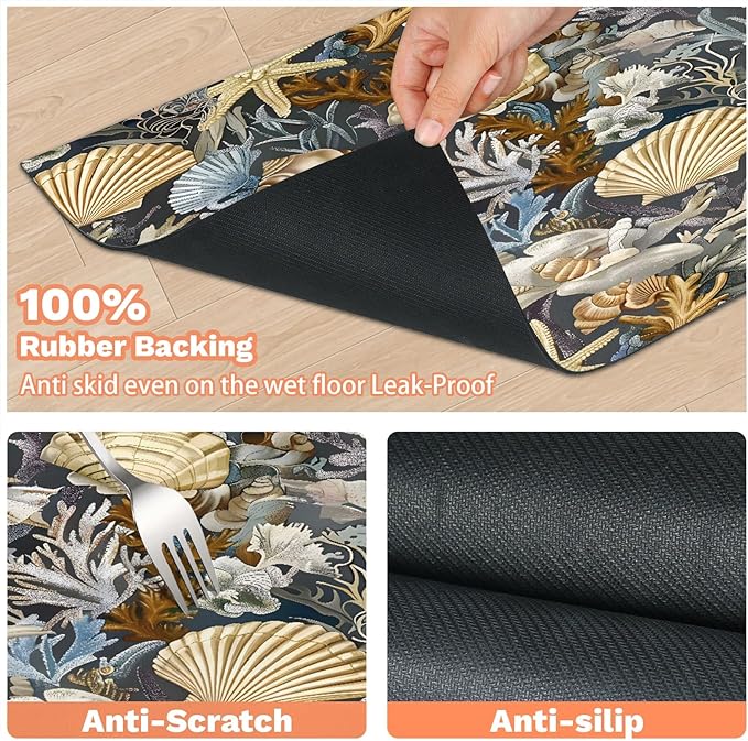 Nautical Coastal Dog Food Mat for Floors Absorbent Dog Bowl Mat for Food and Water Dispenser Quick Dry Cat Food Placemat Pet Supplies 17" x 30", Vintage Seashell