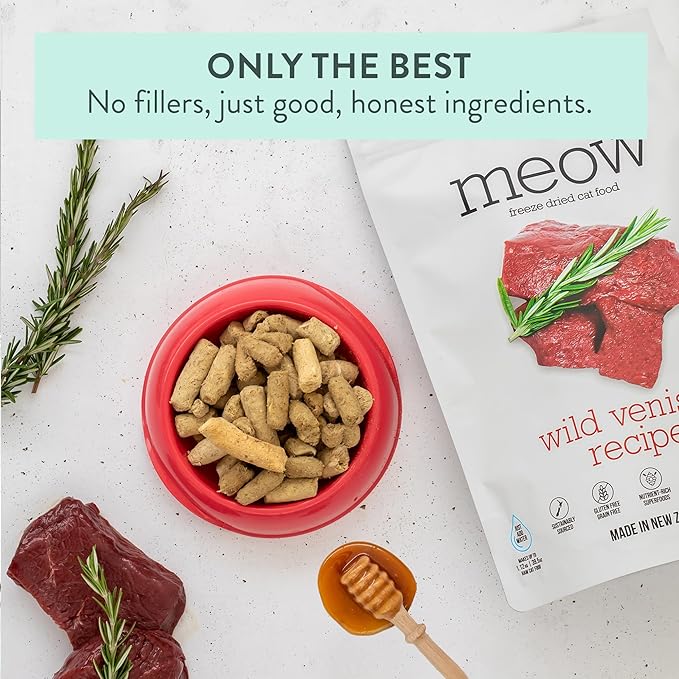 Meow Freeze Dried Raw Cat Food Bundle – Wild Brushtail (1.76 oz) & Wild Venison (1.76 oz), High Protein, Natural Cat Food Topper, Mixer, or Treat