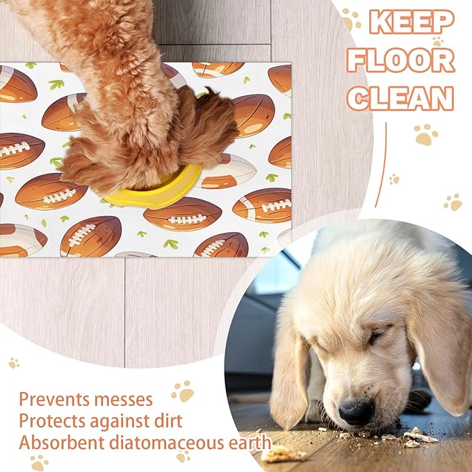 Football Rugby Dog Food Mat for Floors Absorbent, Quick Dry Water Dispenser Mat for Food, Water, Pet Supplies 24" x 32", Green Grass