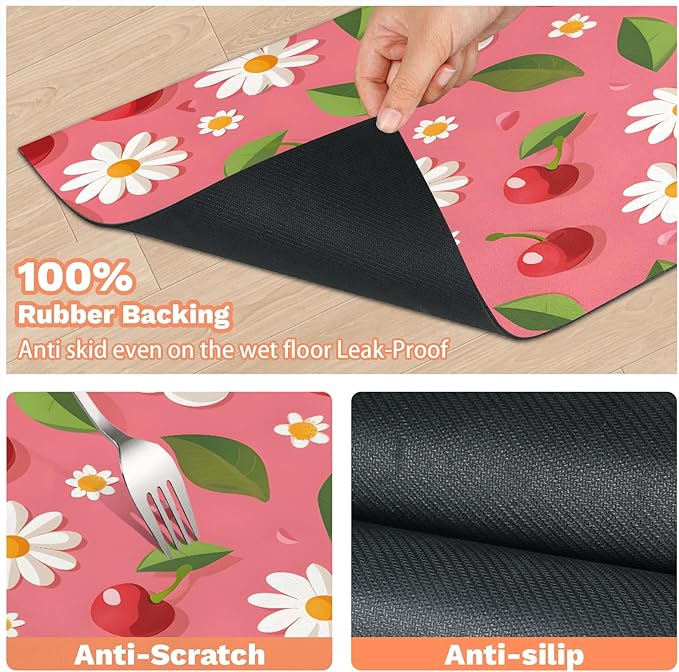 Cute Fruit Dog Food Mat for Floors Absorbent Dog Bowl Mat for Food and Water Dispenser Quick Dry Cat Food Placemat Pet Supplies 12" x 20", Daisy Cherry