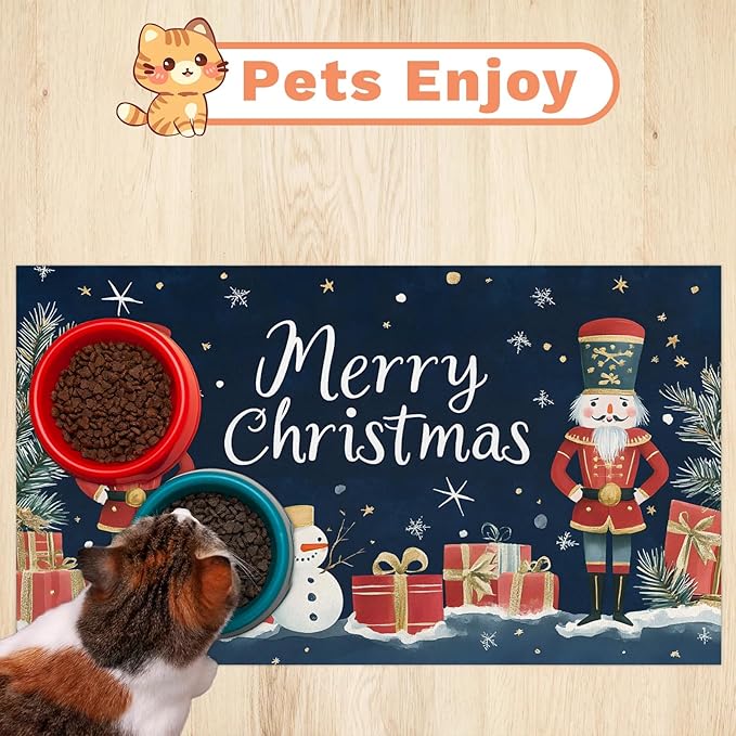 Merry Christmas Dog Food Mat for Floors Absorbent, Quick Dry Water Dispenser Mat for Food, Water, Pet Supplies 12" x 20", Christmas Nutcrackers