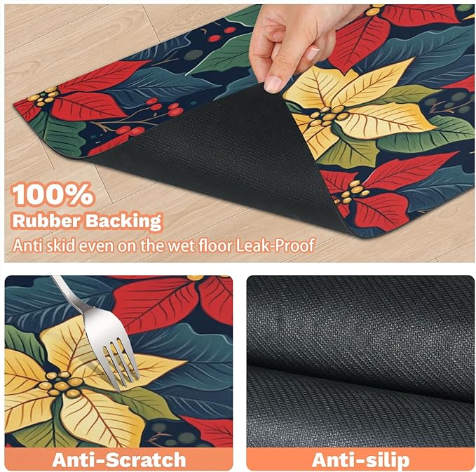 Red Poinsettia Dog Food Mat for Floors Absorbent, Quick Dry Water Dispenser Mat for Food, Water, Pet Supplies 12" x 20", Xmas Florals