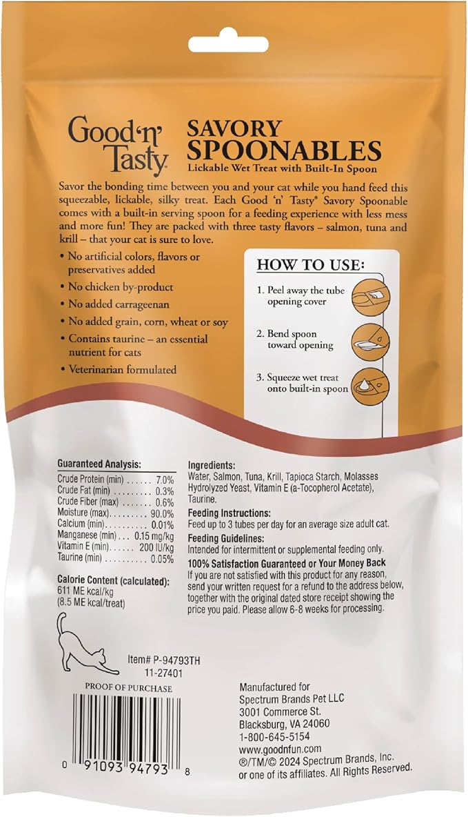 Good 'N' Tasty Savory Spoonables with Real Salmon, Tuna & Krill, 10 Count Tube, Triple Flavor Squeezable Lickable Wet Treats for Cats with Built-in Spoon for Less Mess