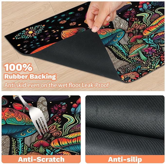 Retro Mushroom Dog Food Mat for Floors Absorbent Dog Bowl Mat for Food and Water Dispenser Quick Dry Cat Food Placemat Pet Supplies 24" x 32", Garden Plant