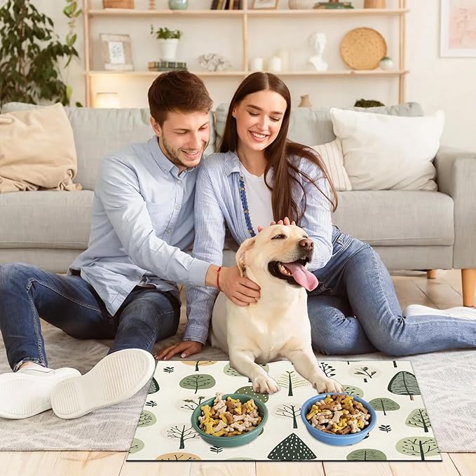 Cute Tree Dog Food Mat for Floors Absorbent, Quick Dry Water Dispenser Mat for Food, Water, Pet Supplies 24" x 32", Green Plant