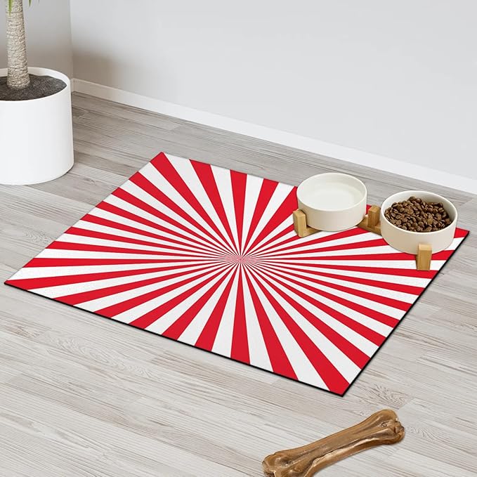 Striped Dog Food Mat for Floors Absorbent, Quick Dry Water Dispenser Mat for Food, Water, Pet Supplies 16" x 24", White Red