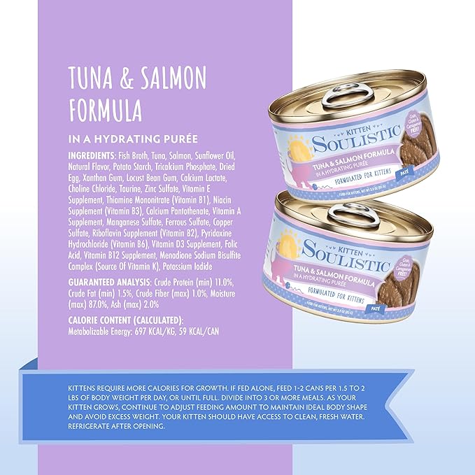 Soulistic Kitten, Tuna and Salmon Formula in Hydrating Purée, 3oz Can, Pack of 12