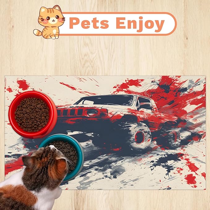 Cool Car Dog Food Mat for Floors Absorbent, Quick Dry Water Dispenser Mat for Food, Water, Pet Supplies 12" x 20", Red Vehicle