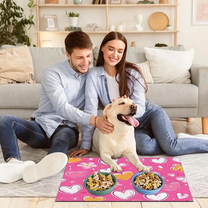 Love Heart Dog Food Mat for Floors Absorbent, Quick Dry Water Dispenser Mat for Food, Water, Pet Supplies 17" x 30", Pink Yellow
