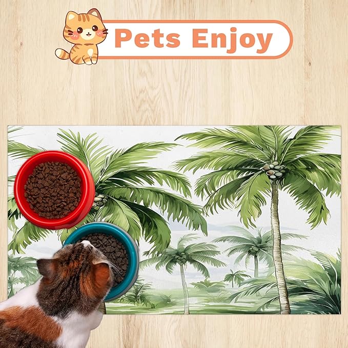 Palm Tree Dog Food Mat for Floors Absorbent, Quick Dry Water Dispenser Mat for Food, Water, Pet Supplies 17" x 30", Tropical Trees