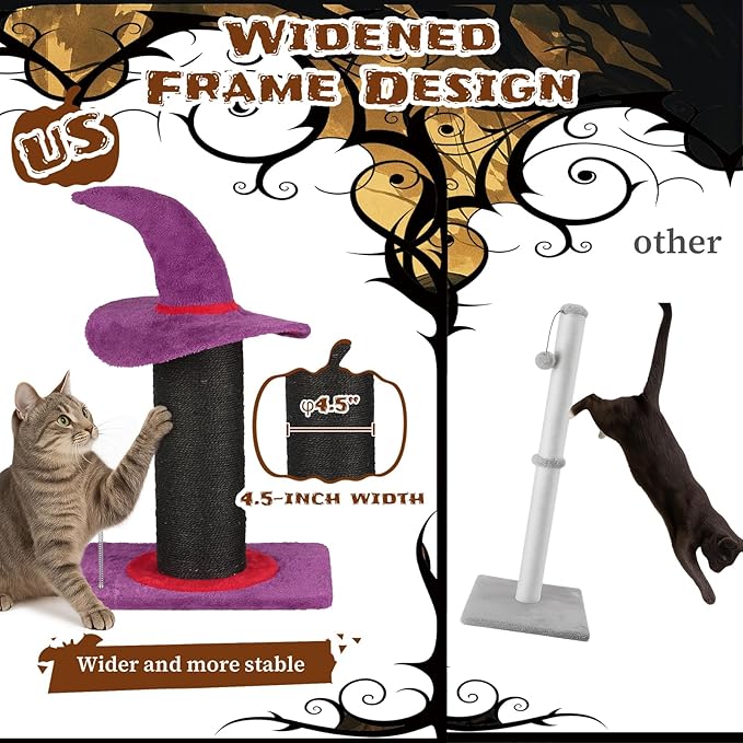 Witch Hat Cat Tree, Halloween Cat Scratching Post with Spring Ball Toy, 24 Inch Purple Cat Tower for Indoor Cats, Sisal-Covered Pet Furniture with Wizard Hat Topper