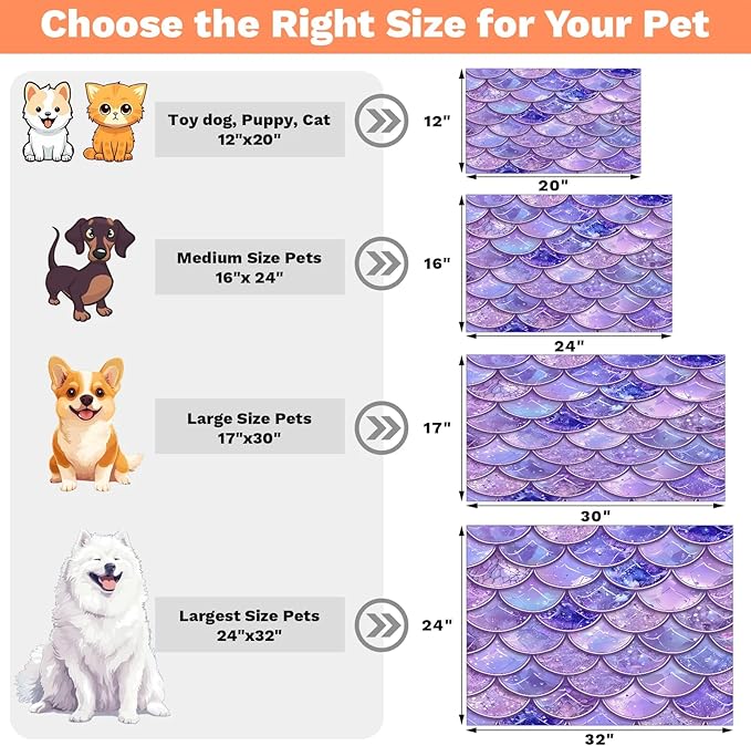 Mermaid Scales Dog Food Mat for Floors Absorbent Dog Bowl Mat for Food and Water Dispenser Quick Dry Cat Food Placemat Pet Supplies 17" x 30", Ocean Beach