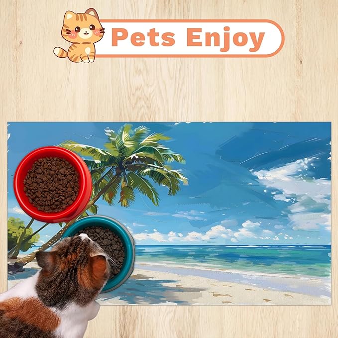 Ocean Beach Dog Food Mat for Floors Absorbent, Quick Dry Water Dispenser Mat for Food, Water, Pet Supplies 16" x 24", Tropical Palm Tree