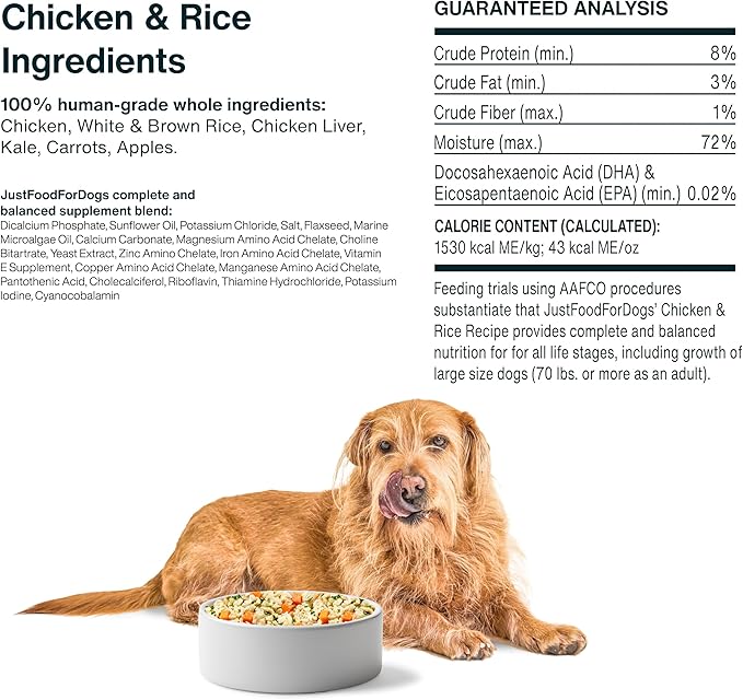 JustFoodForDogs Frozen Fresh Dog Food, Complete Meal or Dog Food Topper, Chicken & Rice Human Grade Dog Food Recipe, 18 oz (Pack of 21)