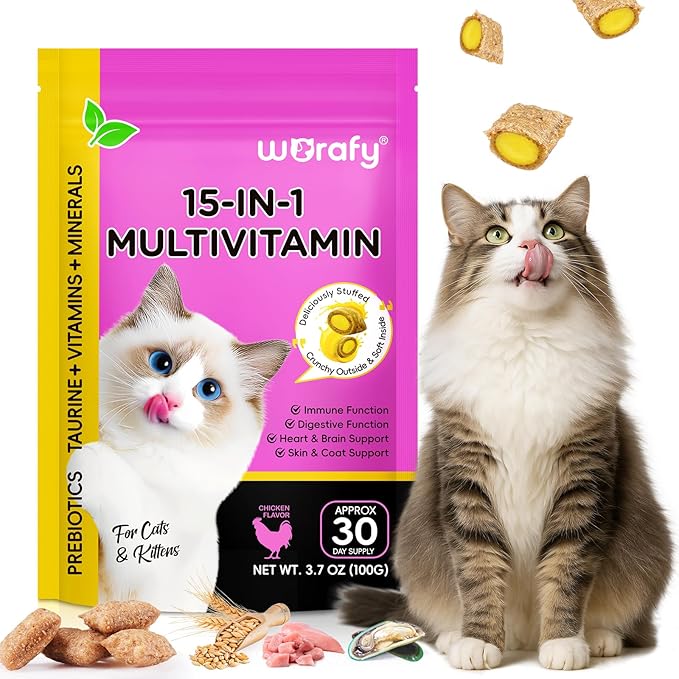 Cat Vitamins with Taurine, 15-in-1 Multivitamin Chews with Omega-3s & Prebiotics, Taurine for Immune, Heart & Joint Health, Supports Skin, Coat & Digestion, Cat Grass Treats for Cats & Kittens