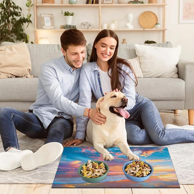 Hawaiian Beach Themed Dog Food Mat for Floors Absorbent, Quick Dry Water Dispenser Mat for Food, Water, Pet Supplies 12" x 20",