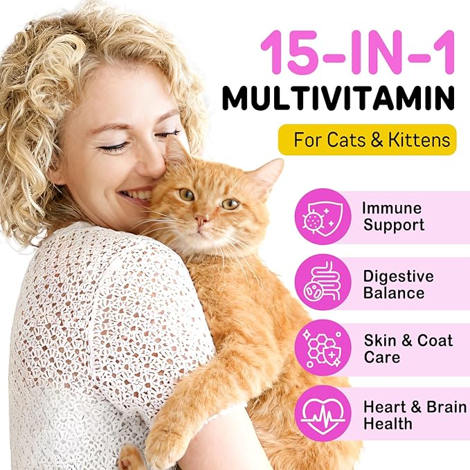 Cat Vitamins Chews, 15 in 1 Cat Multivitamin Treats for Health, Immune, Joint Support, Skin & Coat, & Digestion, Vitamins with Taurine, Omega-3s & Probiotics, Chicken (60 Day Supply)