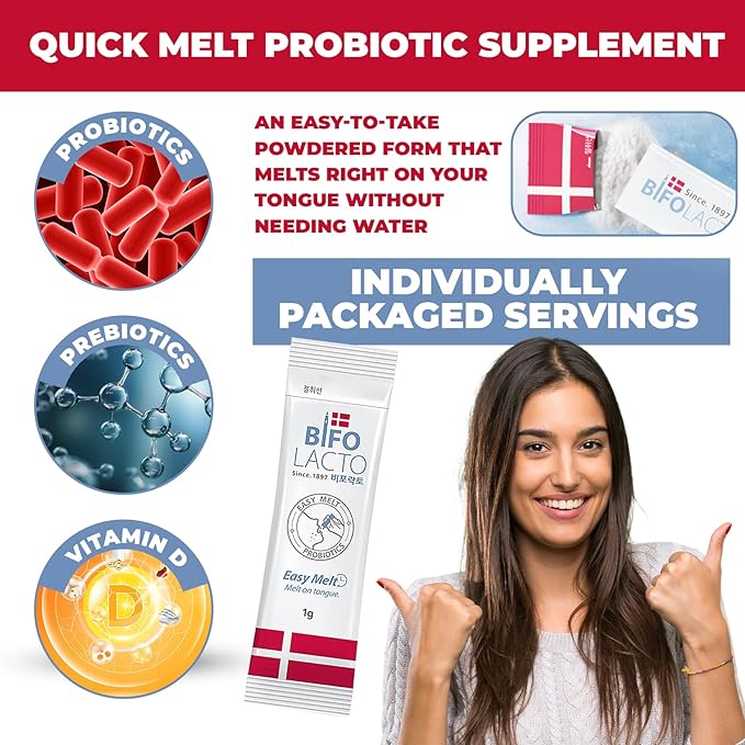 Bifolacto Probiotics (4 Box Set), Premium Denmark Probiotics. Zero Calories, Zero Sugar, Non Dairy. No Water is Needed. Melts on Your Tongue. Easy Melt Technology.