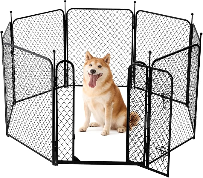 Paw Safe Dog Playpen for Indoor, 32 Inch 8 Panels Anti-pinch Diamond Mesh Dog Fence for Small Medium Dogs, Metal Stable Dog Play Pen with Door, Portable Pet Playpen for Outdoor RV Camping Yard