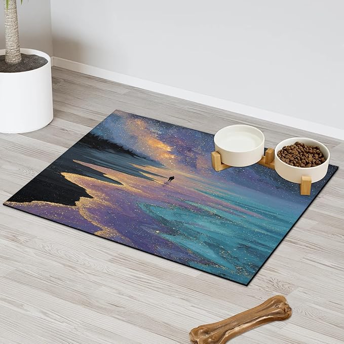 Beach Dog Food Mat for Floors Absorbent, Quick Dry Water Dispenser Mat for Food, Water, Pet Supplies 12" x 20", Galaxy Star