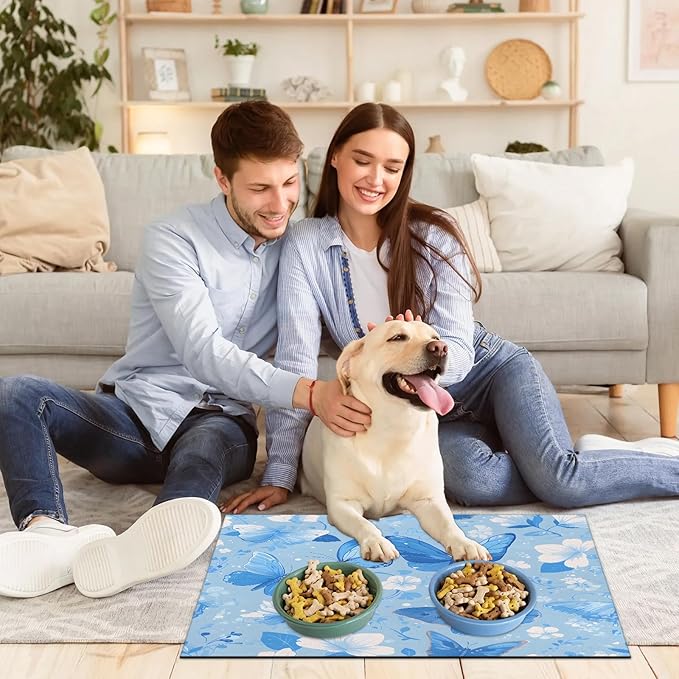 Blue Butterfly Dog Food Mat for Floors Absorbent, Quick Dry Water Dispenser Mat for Food, Water, Pet Supplies 12" x 20", Spring Flower