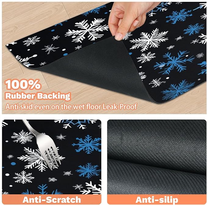 Christmas Snowflake Dog Food Mat for Floors Absorbent, Quick Dry Water Dispenser Mat for Food, Water, Pet Supplies 16" x 24",