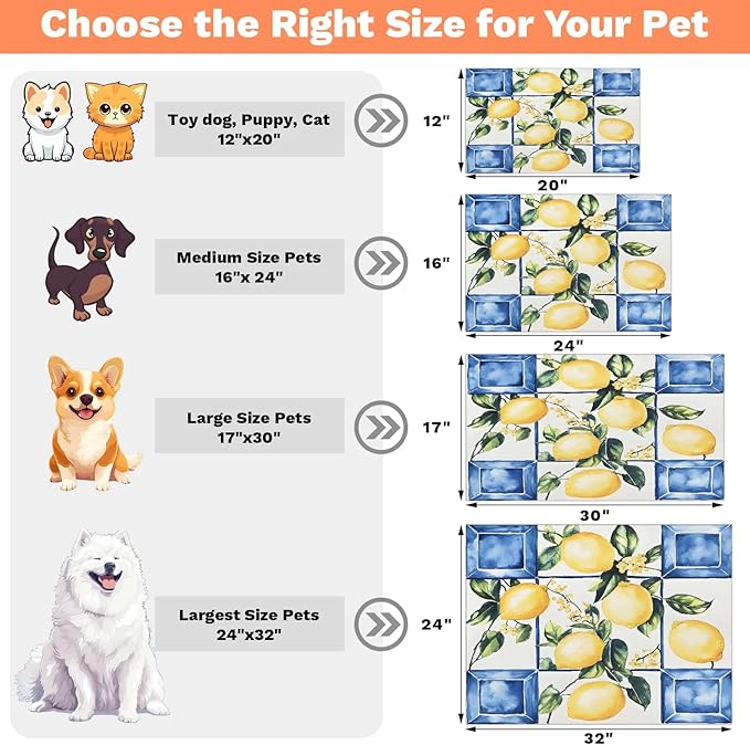 Lemon Dog Food Mat for Floors Absorbent Dog Bowl Mat for Food and Water Dispenser Quick Dry Cat Food Placemat Pet Supplies 16" x 24", Tile Leaves