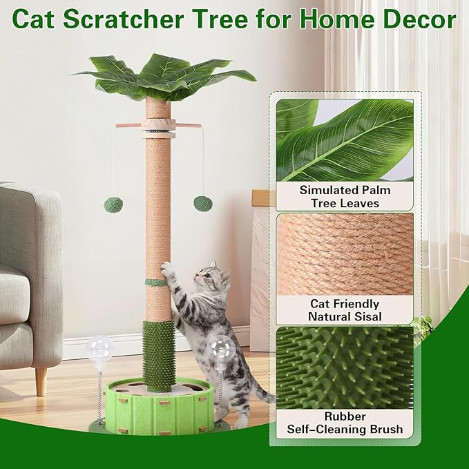 40" Tall Cat Scratching Post, Scratching Posts for Indoor Cats Adults and Kittens with Rotating Hanging Ball, Interactive Cat Puzzle Toy and Spring Cat Treat Dispenser, Palm Tree Scratch Post for Cats