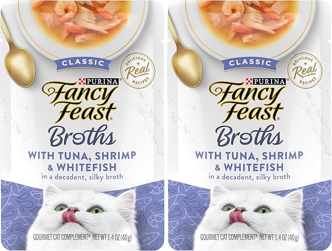 Fancy Feast Purina Limited Ingredient Wet Cat Food Complement,Broths with Tuna,Shrimp & Whitefish - 1.4 oz. Pouches,(Pack of 32)