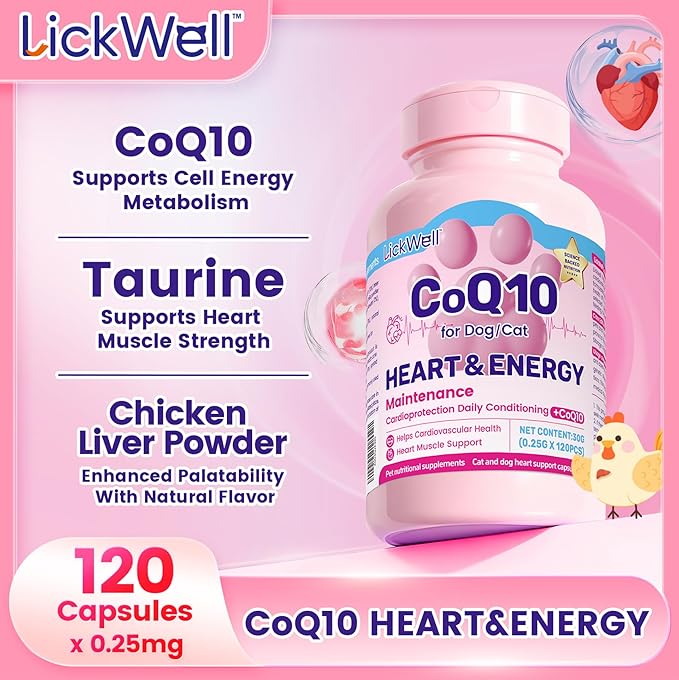Taurine for Cats & Dogs with CoQ10 - Heart Supplement Powder Support Heart, Vision and Immune System Health - 120 Capsules