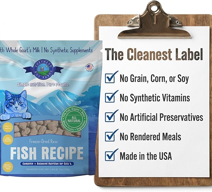 Shepherd Boy Farms Freeze-Dried Fish Cat Food – High-Protein, Grain-Free, Made with Organic Produce & Goat’s Milk (12oz)